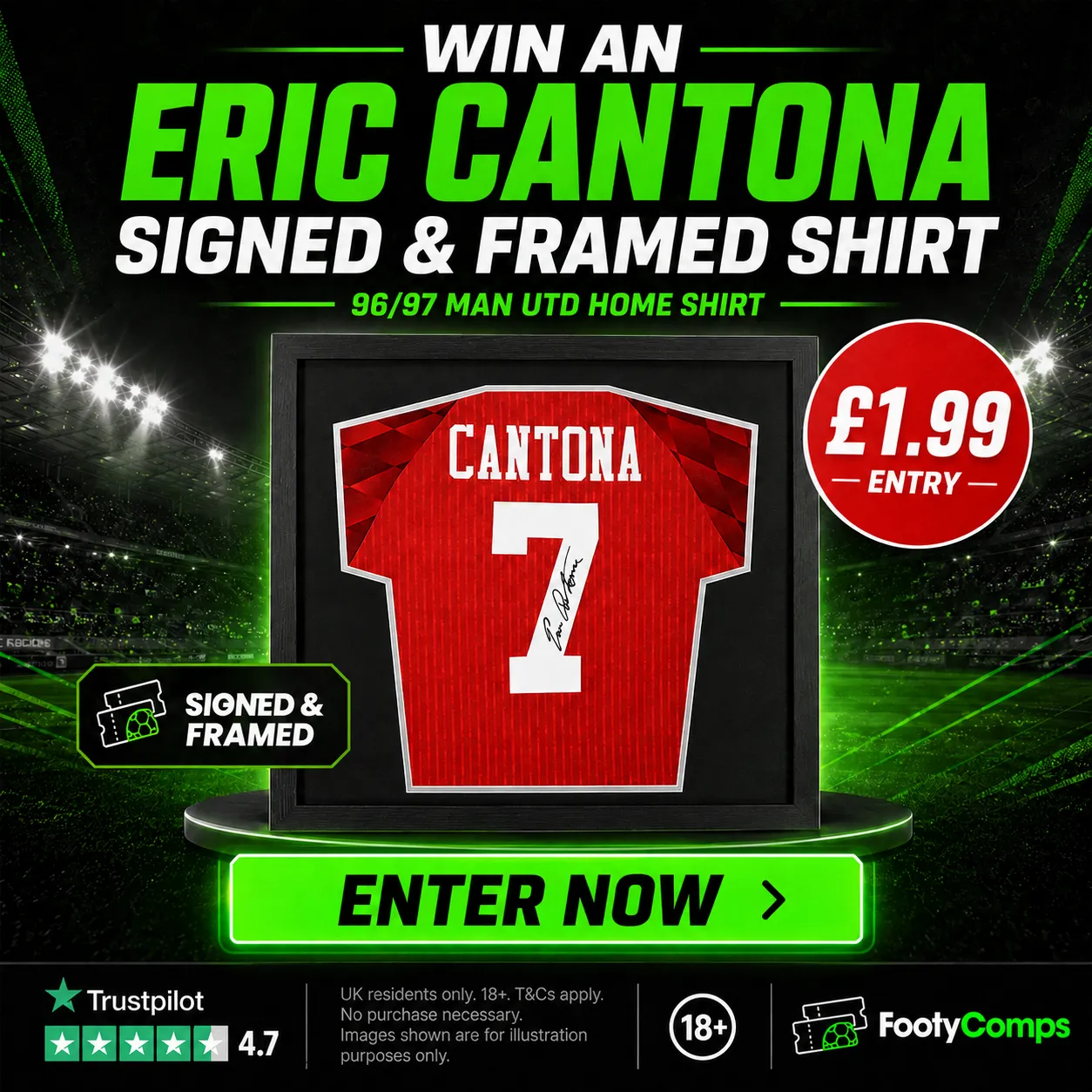 Signed and Framed Cantona 96/97 Man Utd Shirt
