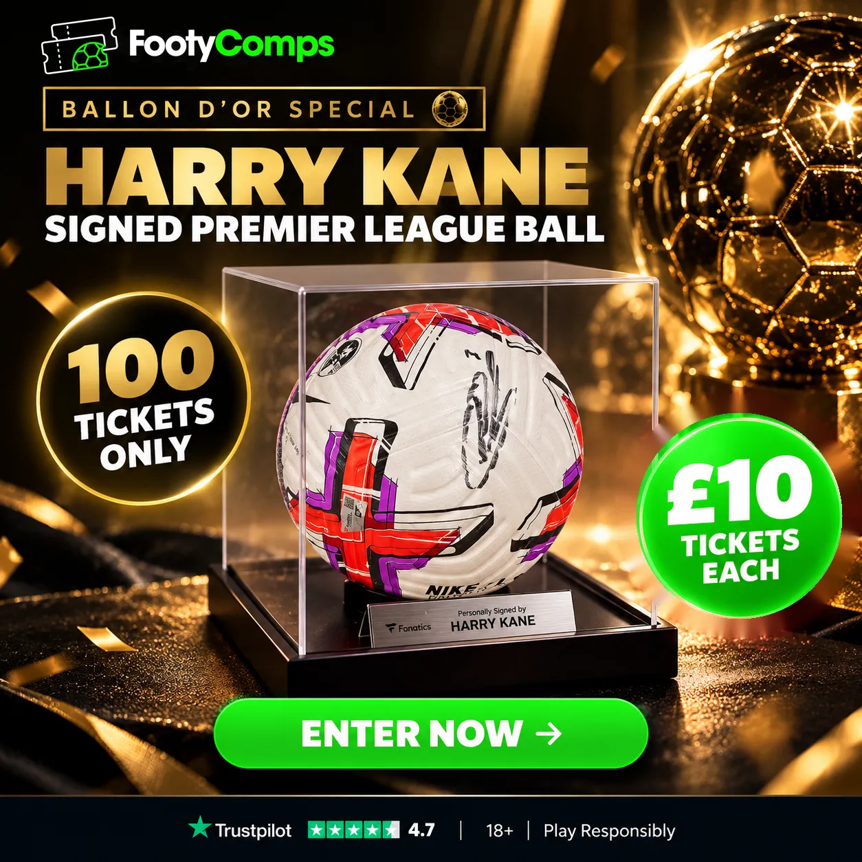 Premier League Legends Series - Balon D'or Edition! Harry Kane Signed and Framed Premier League Ball
