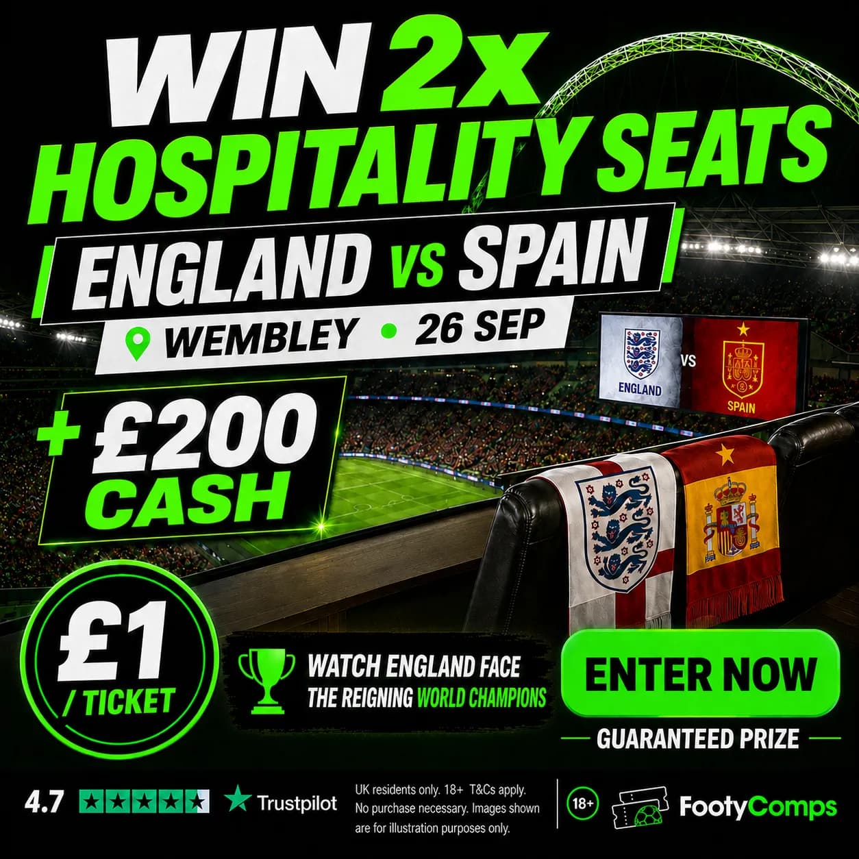 2x Hospitality Seats to England vs Spain + £200 Cash!
