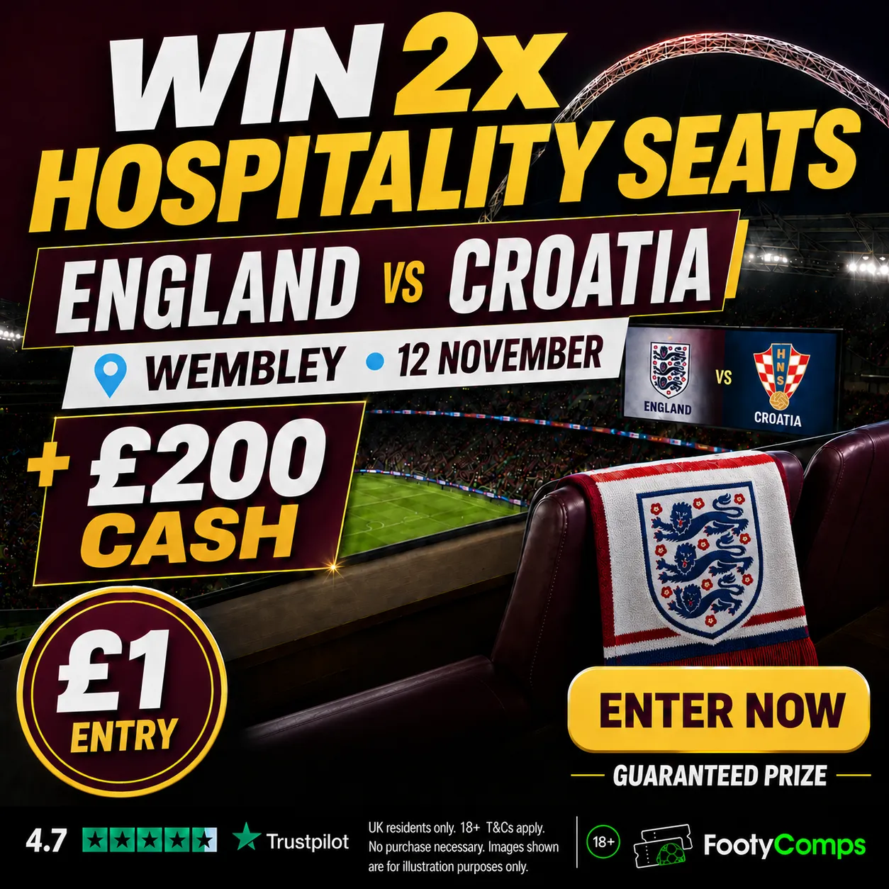 2x Hospitality Seats to England vs Croatia + £200 Cash
