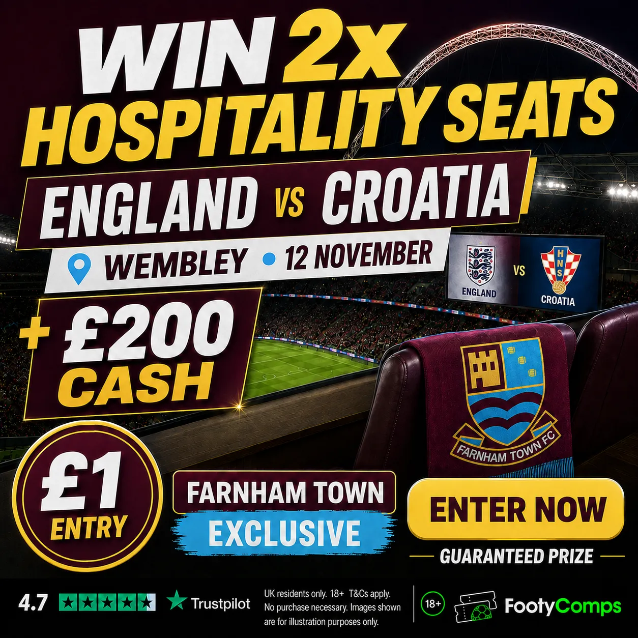 2x Hospitality Seats to England vs Croatia + £200 Cash